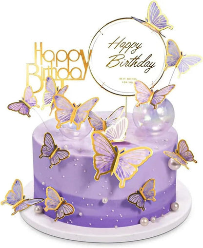 Tortendeko Set Schmetterlinge Happy Birthday Gold Lila