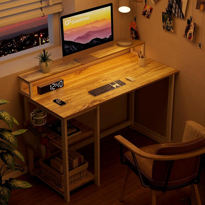 Schreibtisch Holz mit Regal Monitorständer Stauraum Eiche Beige