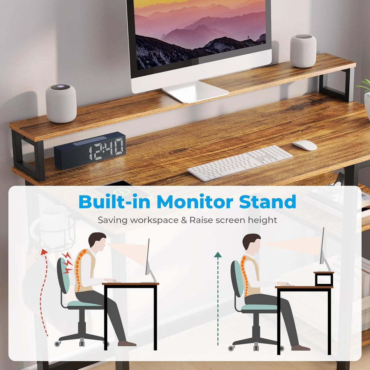 Schreibtisch 120x55 cm mit Regal und Monitorständer, Braun