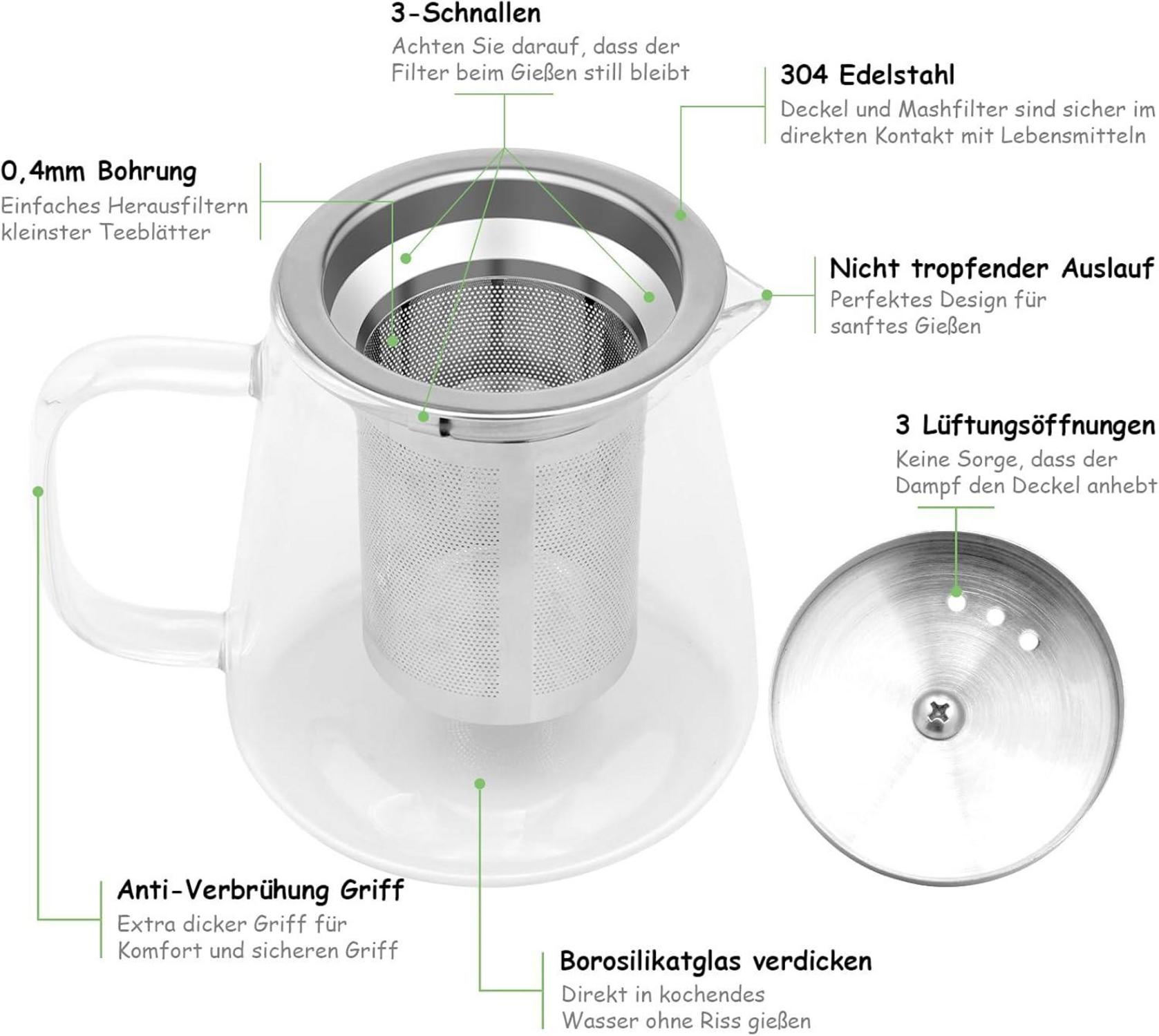Teekanne Glas 450ml mit Edelstahlteefilter und Belüftungsöffnungen