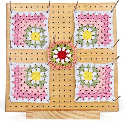 Granny Squares Blocking Board Groß 28 x 28 cm Sperrbrett für Häkeln mit 30 Edelstahl Stiften - Bambus Blockierbrett