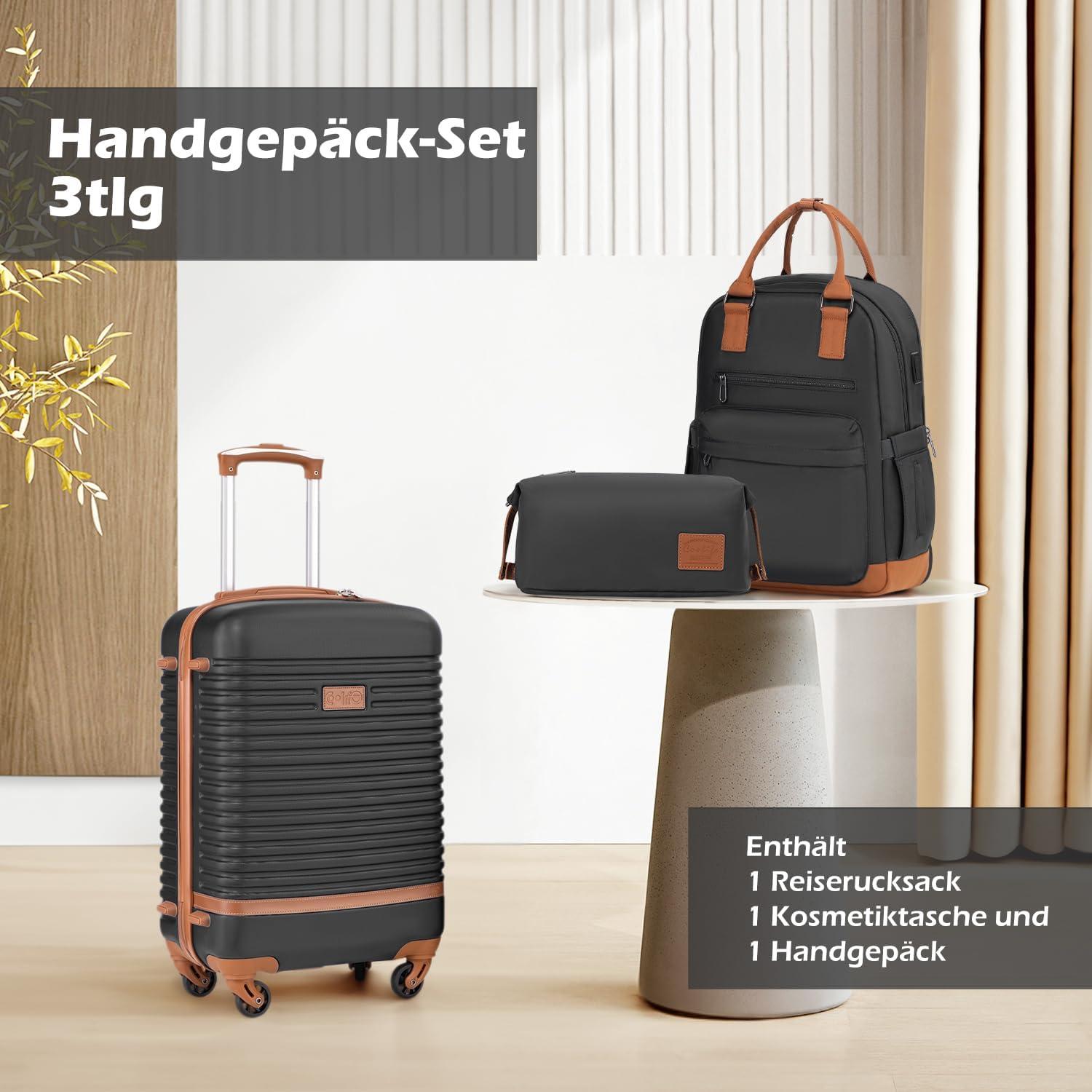 COOLIFE Handgepäck-Set 3tlg Schwarz ABS Hartschalen Trolley