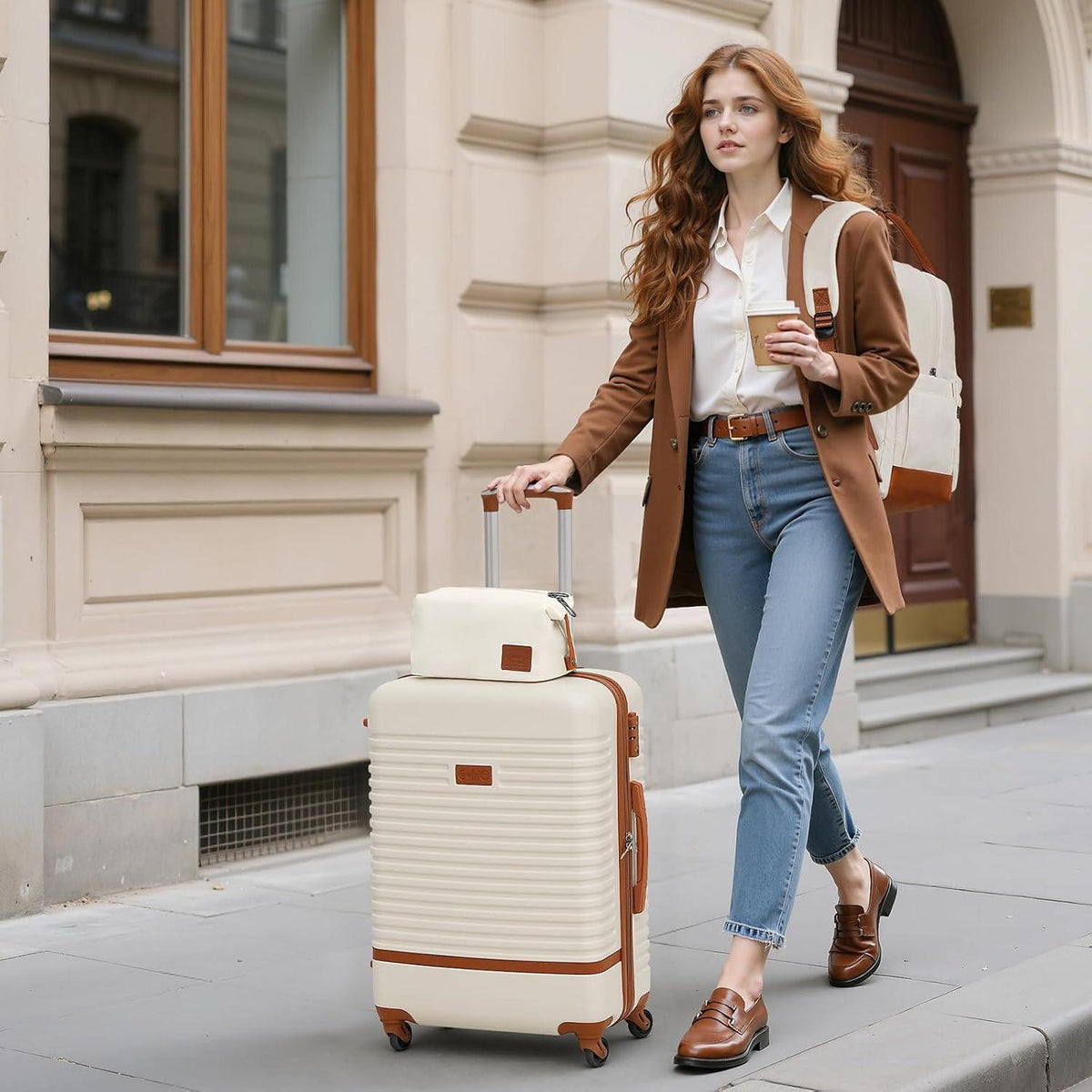 Reisekoffer Set 3tlg. mit Rucksack & Kulturbeutel, Blau/Braun