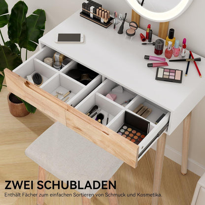 Schminktisch mit LED-Beleuchtung, Stuhl, Spiegel, 2 Schubladen, Helligkeit einstellbar