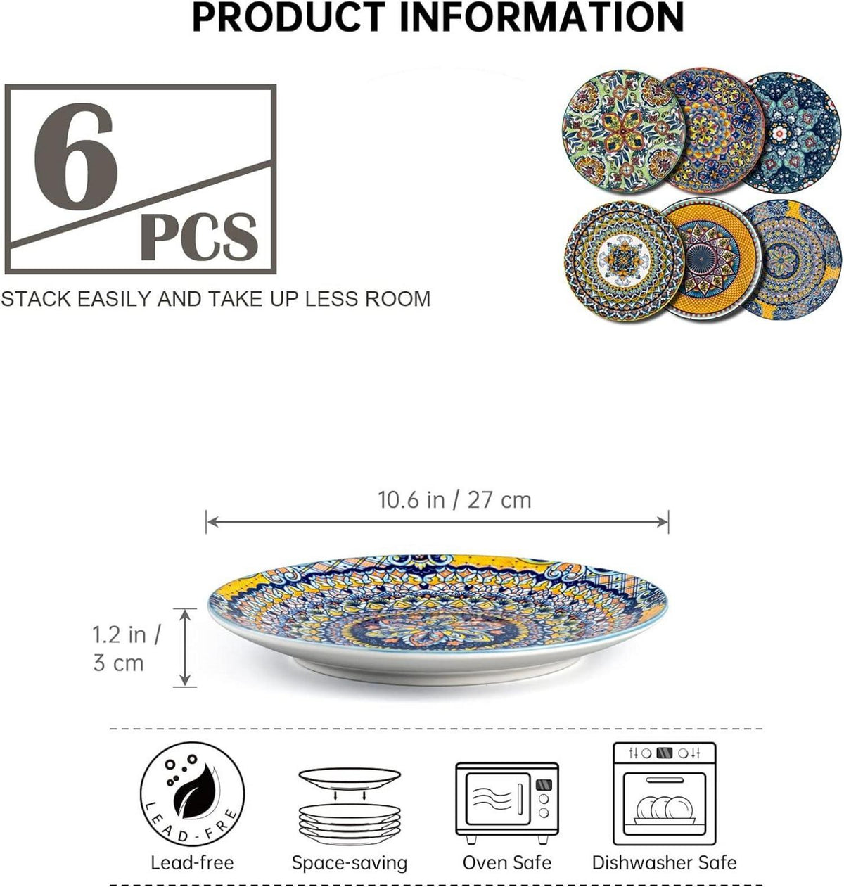Porzellan Teller Set 27 cm Bunt Dessertteller 6er Bohemian