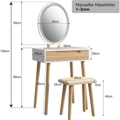 Schminktisch mit LED Spiegel und Hocker, Eiche, 2 Jahre