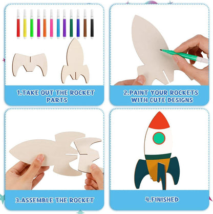 Heyu-Lotus 12-teiliges DIY-Holzraketen-Bastelset für Kinder - zum Bemalen - inkl. Stifte und Aufkleber