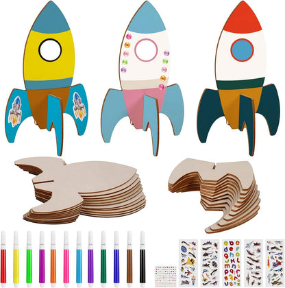 Heyu-Lotus 12-teiliges DIY-Holzraketen-Bastelset für Kinder - zum Bemalen - inkl. Stifte und Aufkleber