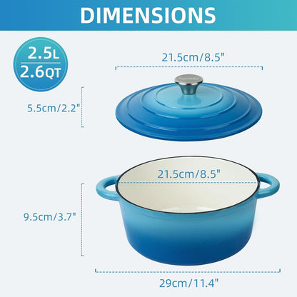 Emaillierter Gusseisen Schmortopf 2,5L Blau mit Deckel und