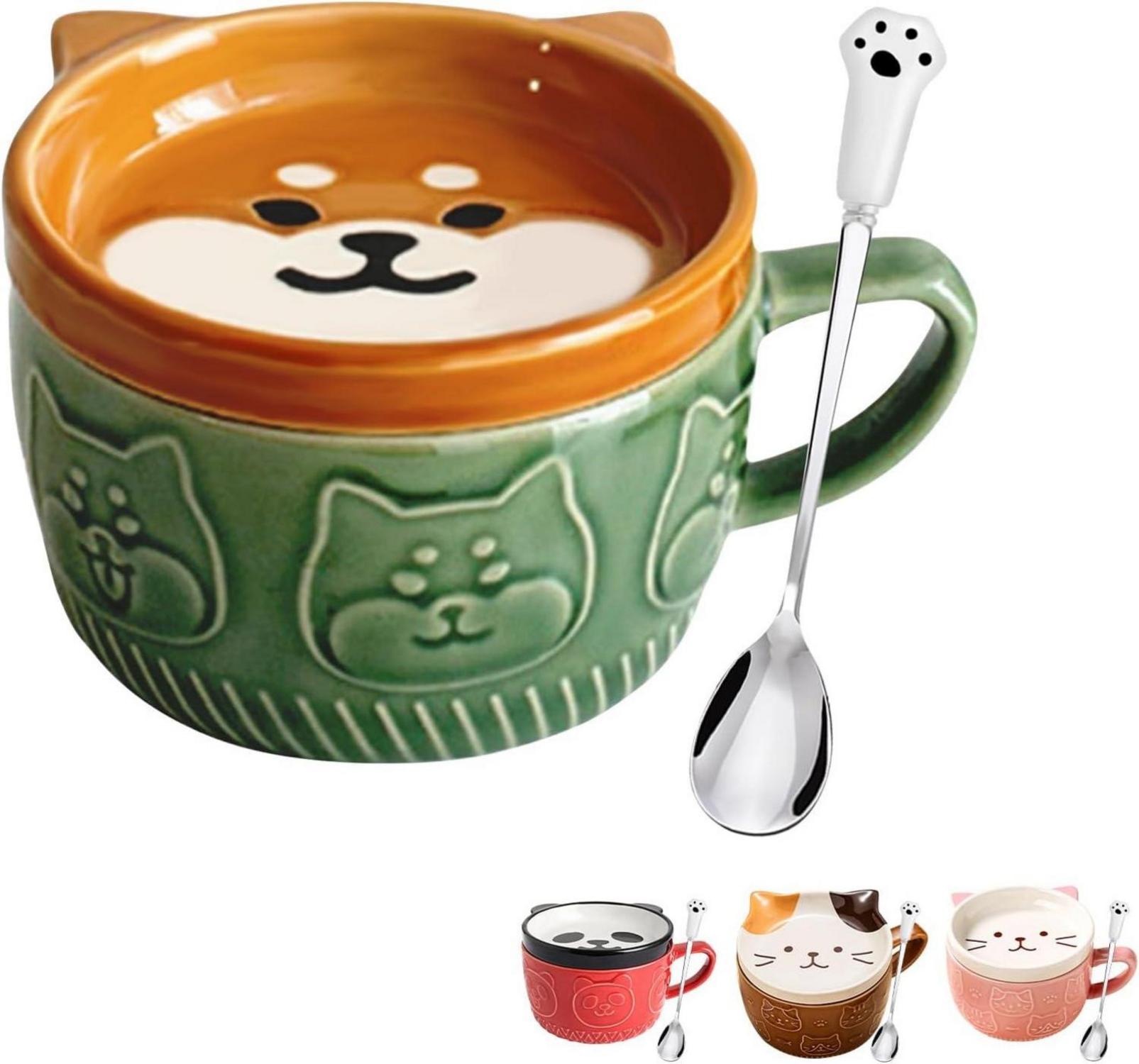 Lustige Keramik Tier Tassen Set mit Deckel - Kaffee Teetassen Geschenk