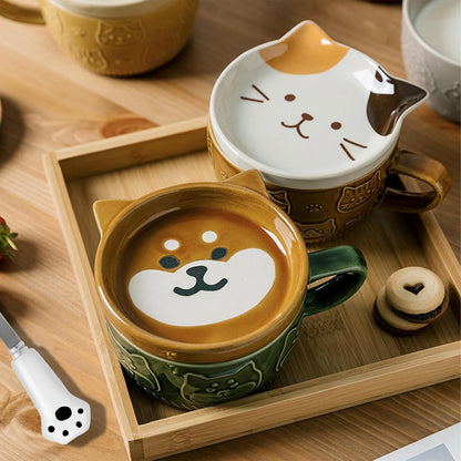 Lustige Keramik Tier Tassen Set mit Deckel - Kaffee Teetassen Geschenk