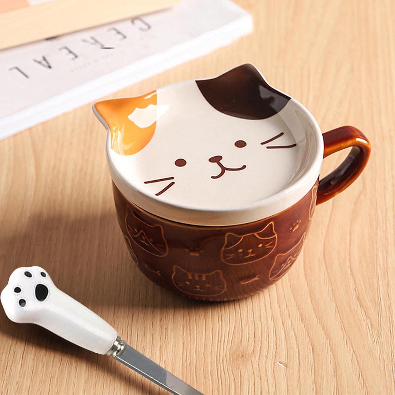 Lustige Katzentassen mit Deckel Set - Süßes Kaffee Teetassen Geschenk