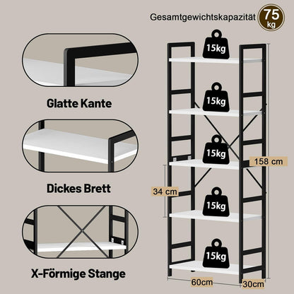 Bücherregal 5 Ebenen Standregal Holz Industrie-Style Lagerregal Büro