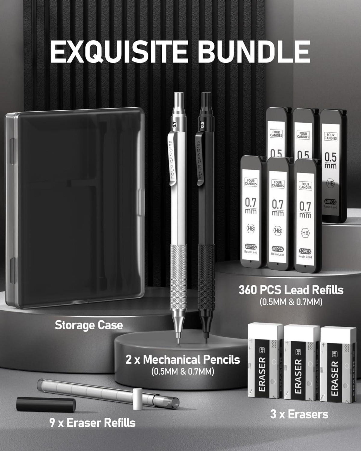 2Pcs Schwarz Silber Metal Mechanical Pencils Set mit 0.5mm 0.7mm