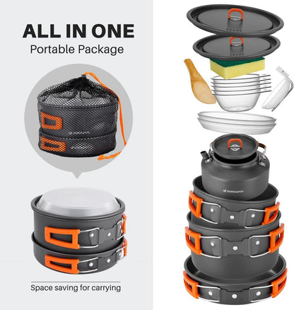 Odoland Camping Kochgeschirr Set 15-teilig Outdoor Aluminium