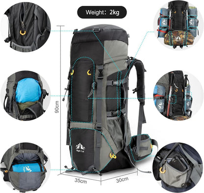Night Cat Wanderrucksack 70L Herren Damen Schwarz Waterproof Trekkingrucksack