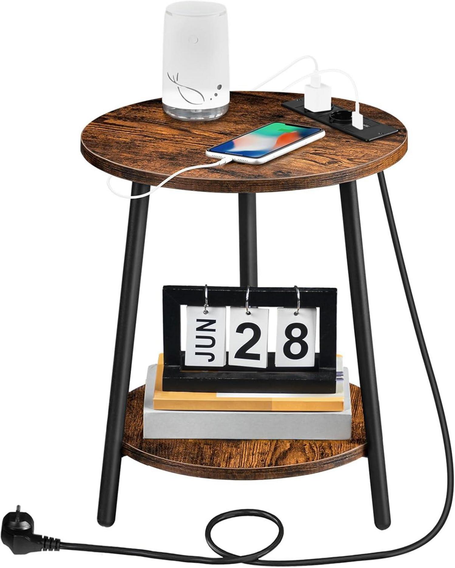 Runder Beistelltisch mit Ladestation und 2 Ebenen Vintagebraun/Schwarz