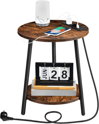 Runder Beistelltisch mit Ladestation und 2 Ebenen Vintagebraun/Schwarz