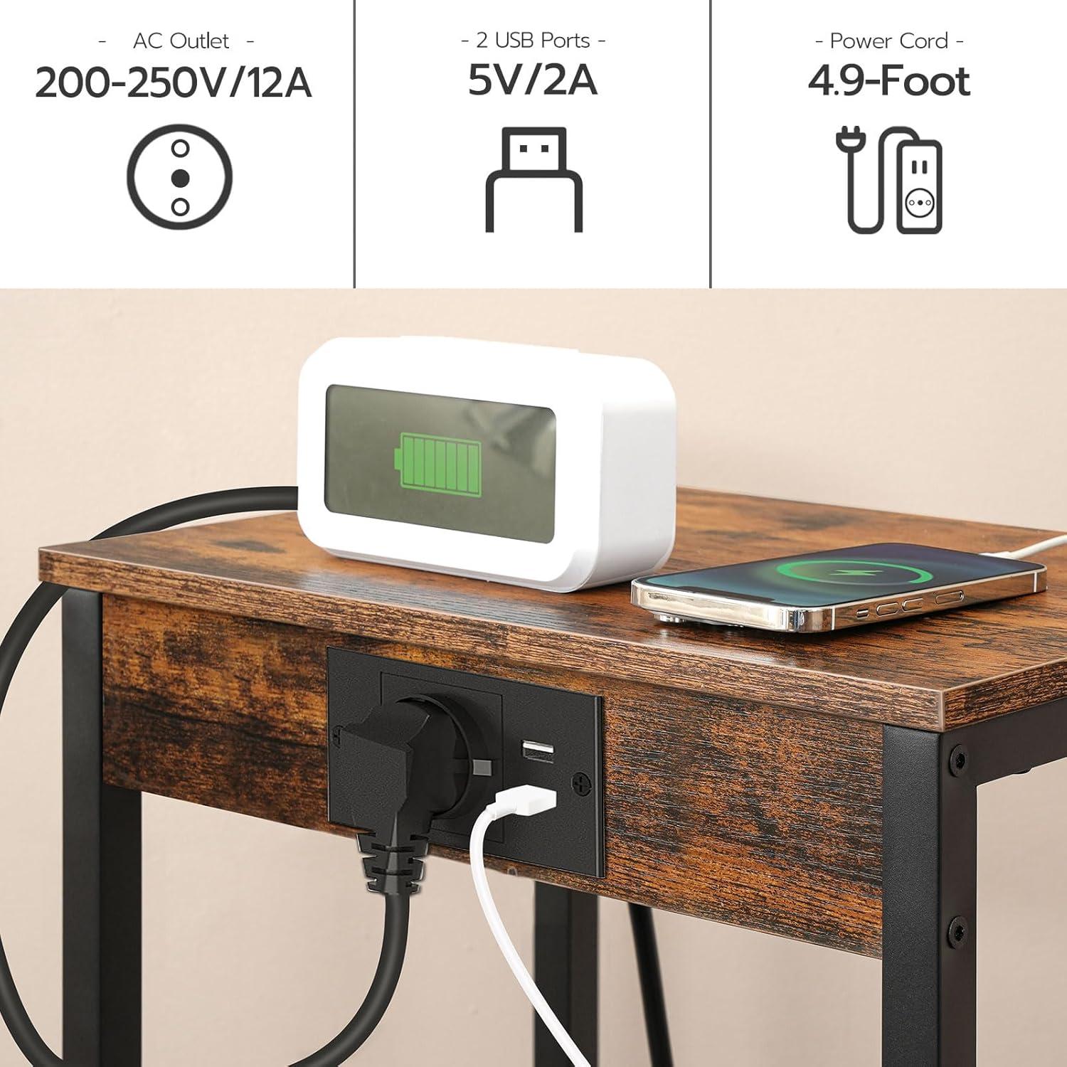 Retro Beistelltisch mit Ladestation und USB-Anschlüssen Vintagebraun