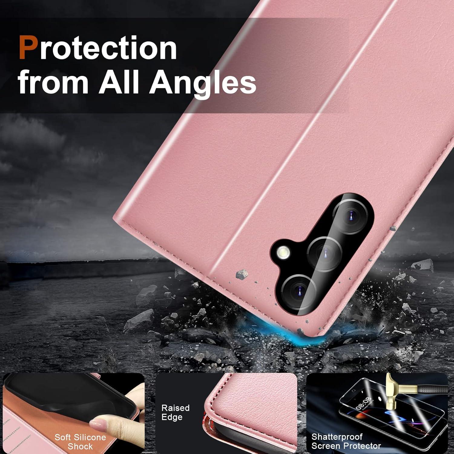 Handyhülle für Samsung Galaxy A54 5G + 2 Panzerglas Schutz, Rosa PU Flip Case