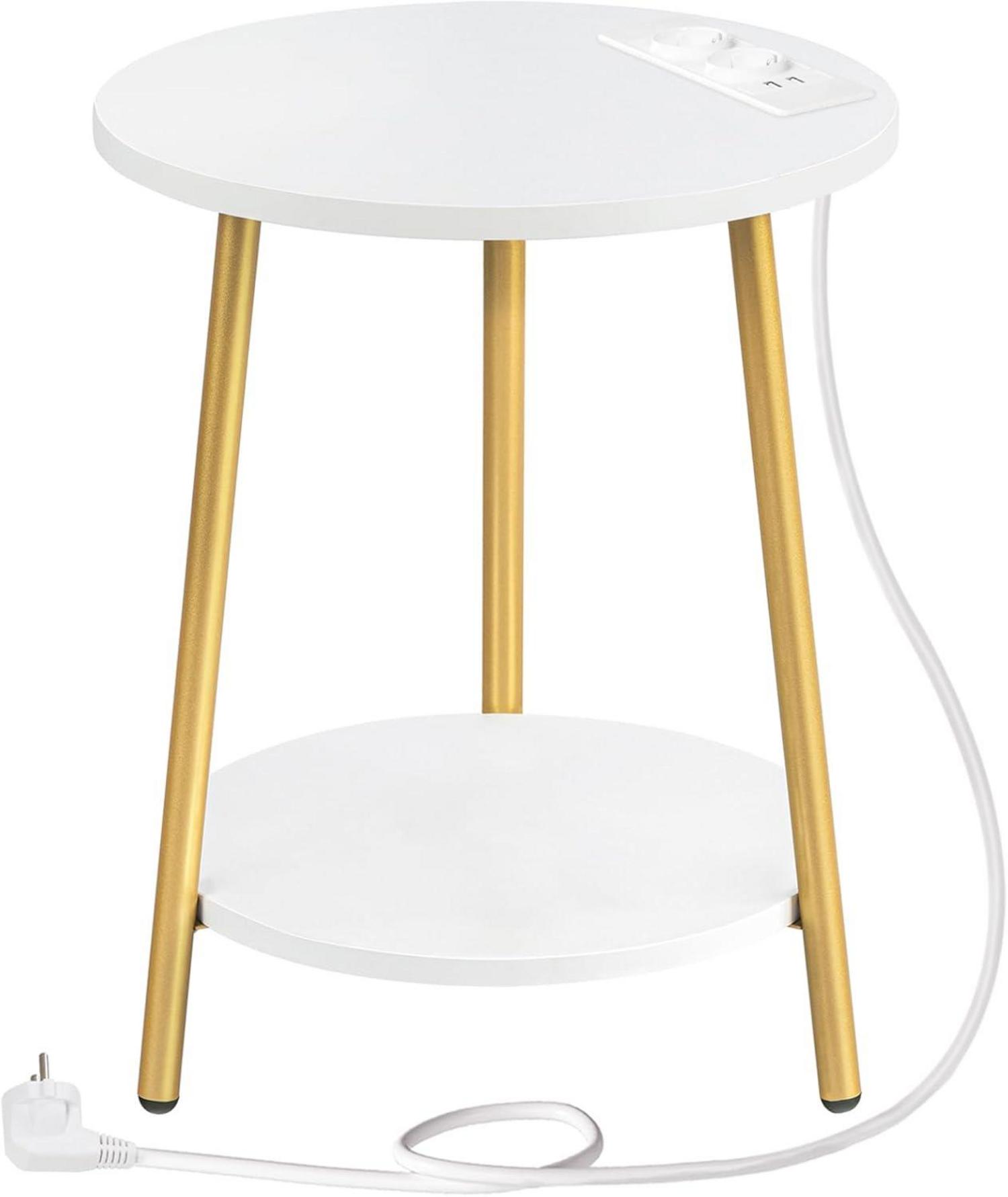 Beistelltisch mit Ladestation und 2 Ebenen weiß-goldene