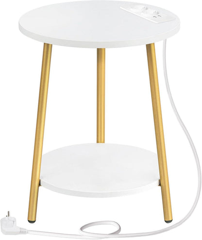 Beistelltisch mit Ladestation und 2 Ebenen weiß-goldene