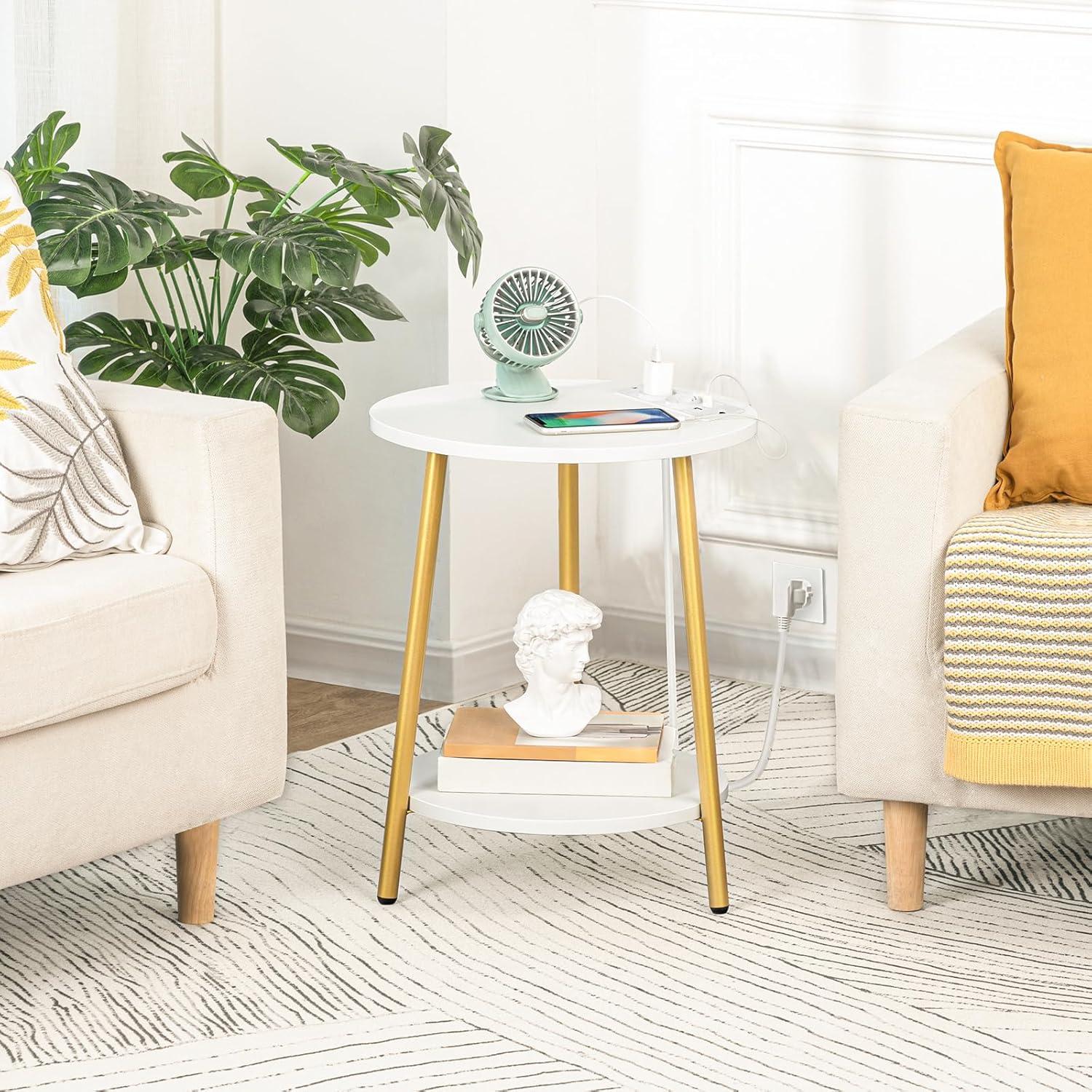 Modern White and Gold Round Side Table with Charging Station