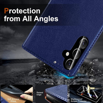 QHOHQ Samsung Galaxy A54 5G Handyhülle Blau Flip Case + Panzer Schutz-Glas