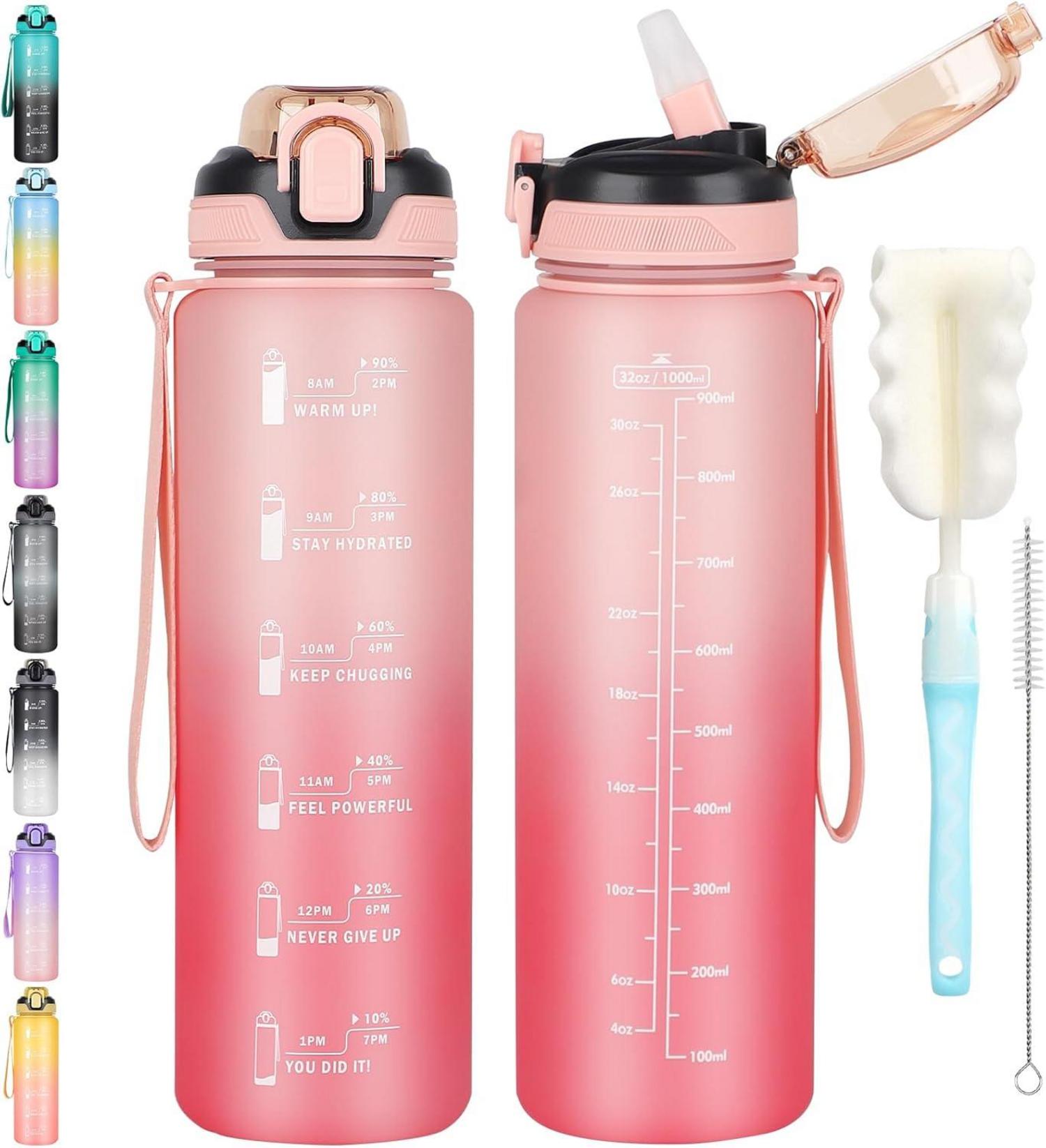 Trinkflasche 1l mit Strohhalm und Zeitmarkierung