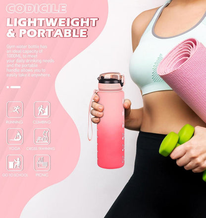 CodiCile Trinkflasche 1l mit Strohhalm, Auslaufsicher Rosa Farbverlauf