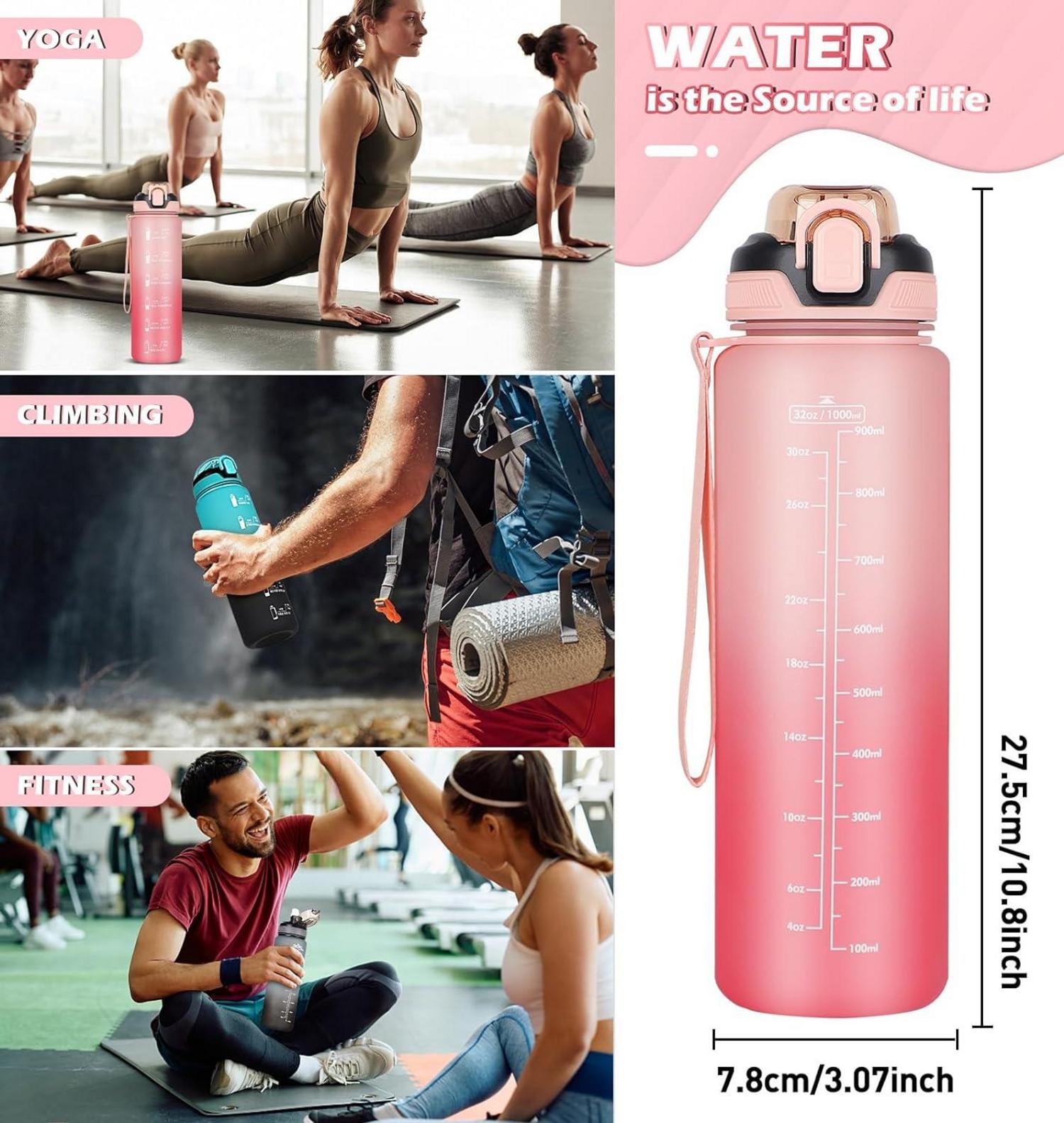 Trinkflasche 1l Strohhalm Wasserflasche Auslaufsicher Zeitmarkierung