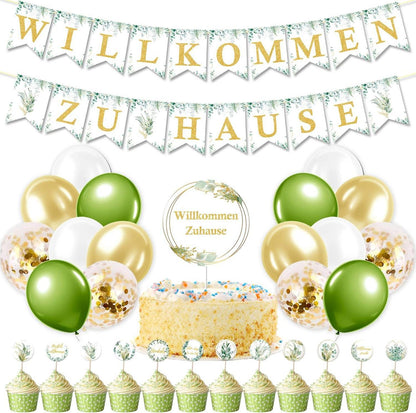 Willkommen Zuhause Baby Deko Set Eukalyptus Grün Girlande Luftballons