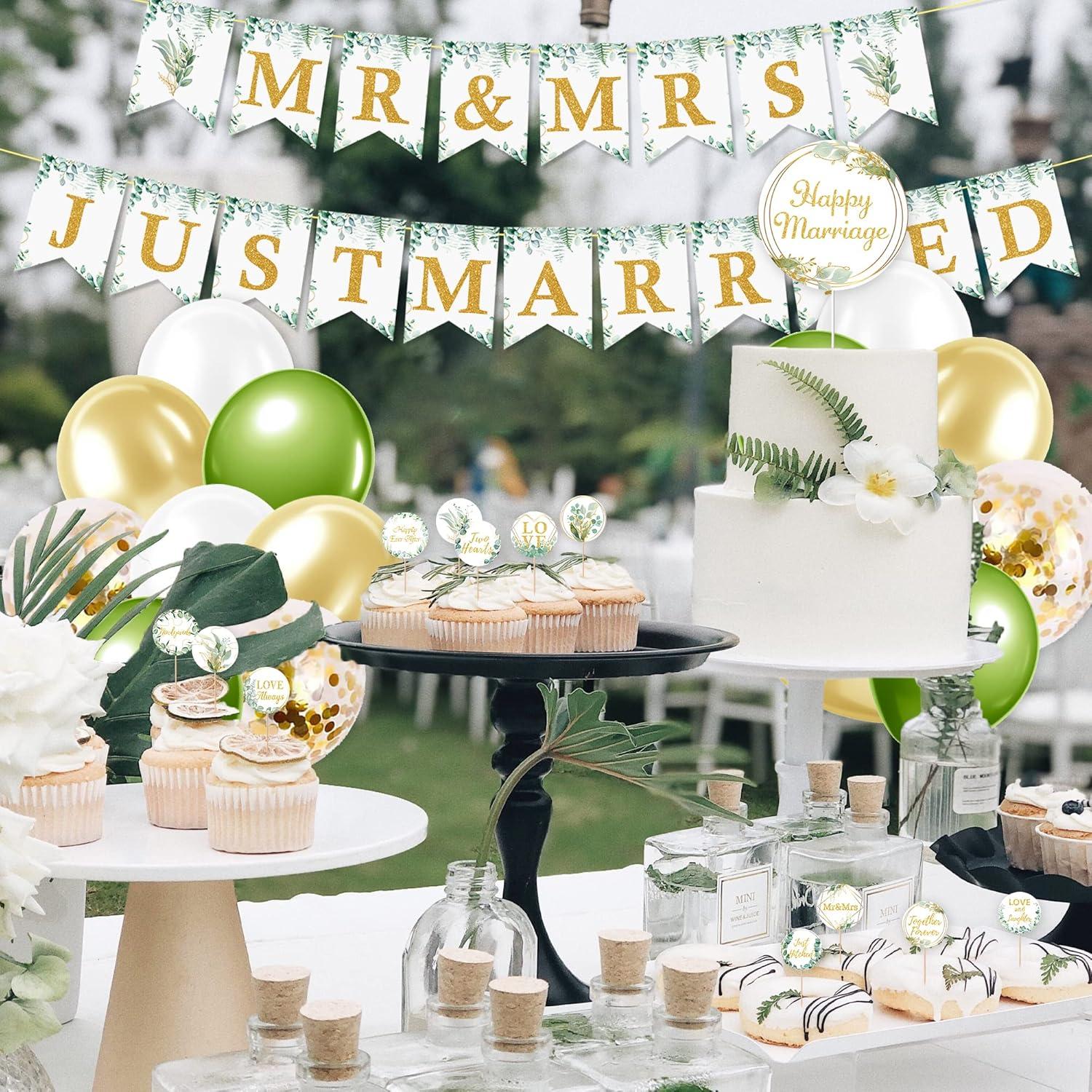 Just Married Hochzeit Deko Set Eukalyptus Grün Luftballons Elegante Wimpel