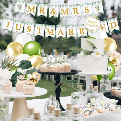 Just Married Hochzeit Deko Set Eukalyptus Grün Luftballons Elegante Wimpel