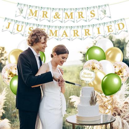 Hochzeit Deko Just Married Girlande Eukalyptus Grün Banner Luftballons