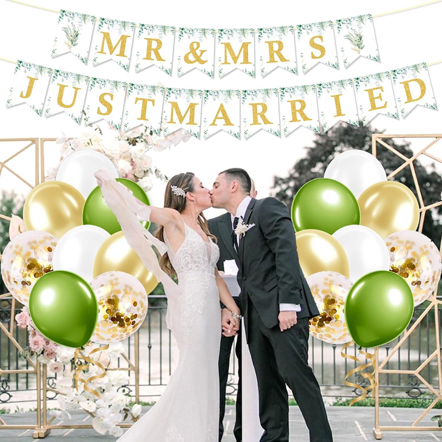 Just Married Hochzeit Deko Set Eukalyptus Grün Luftballons Elegante Wimpel