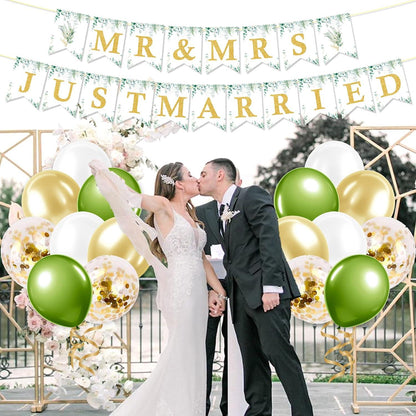 Just Married Hochzeit Deko Set Eukalyptus Grün Luftballons Elegante Wimpel