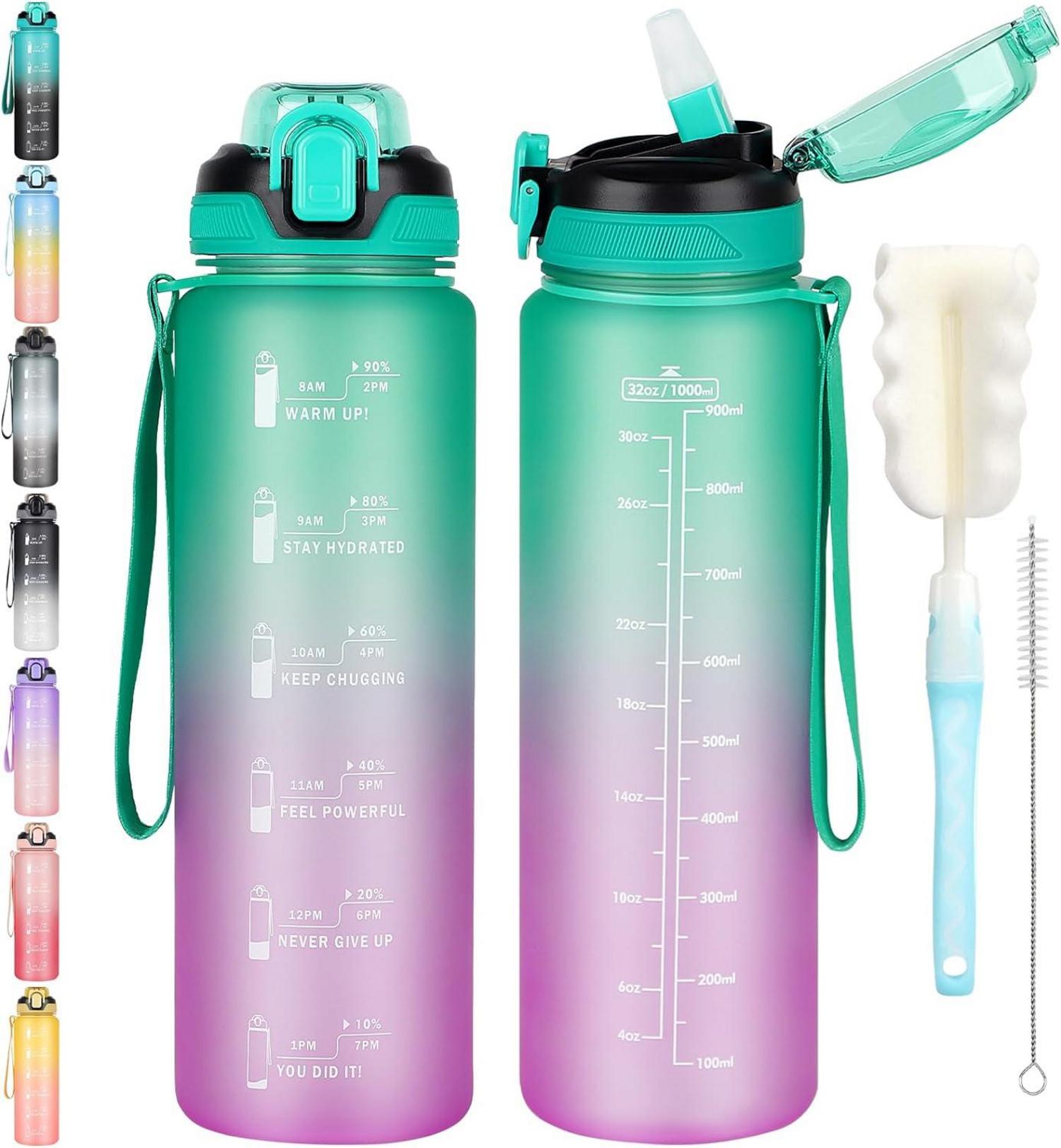 Sport Trinkflasche 1l mit Zeitmarkierung & Strohhalm Grün Lila
