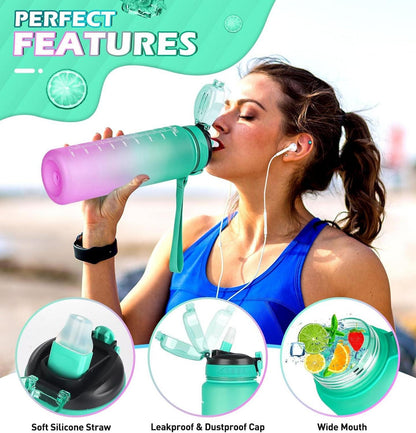Sport Trinkflasche 1l mit Zeitmarkierung & Strohhalm Grün Lila