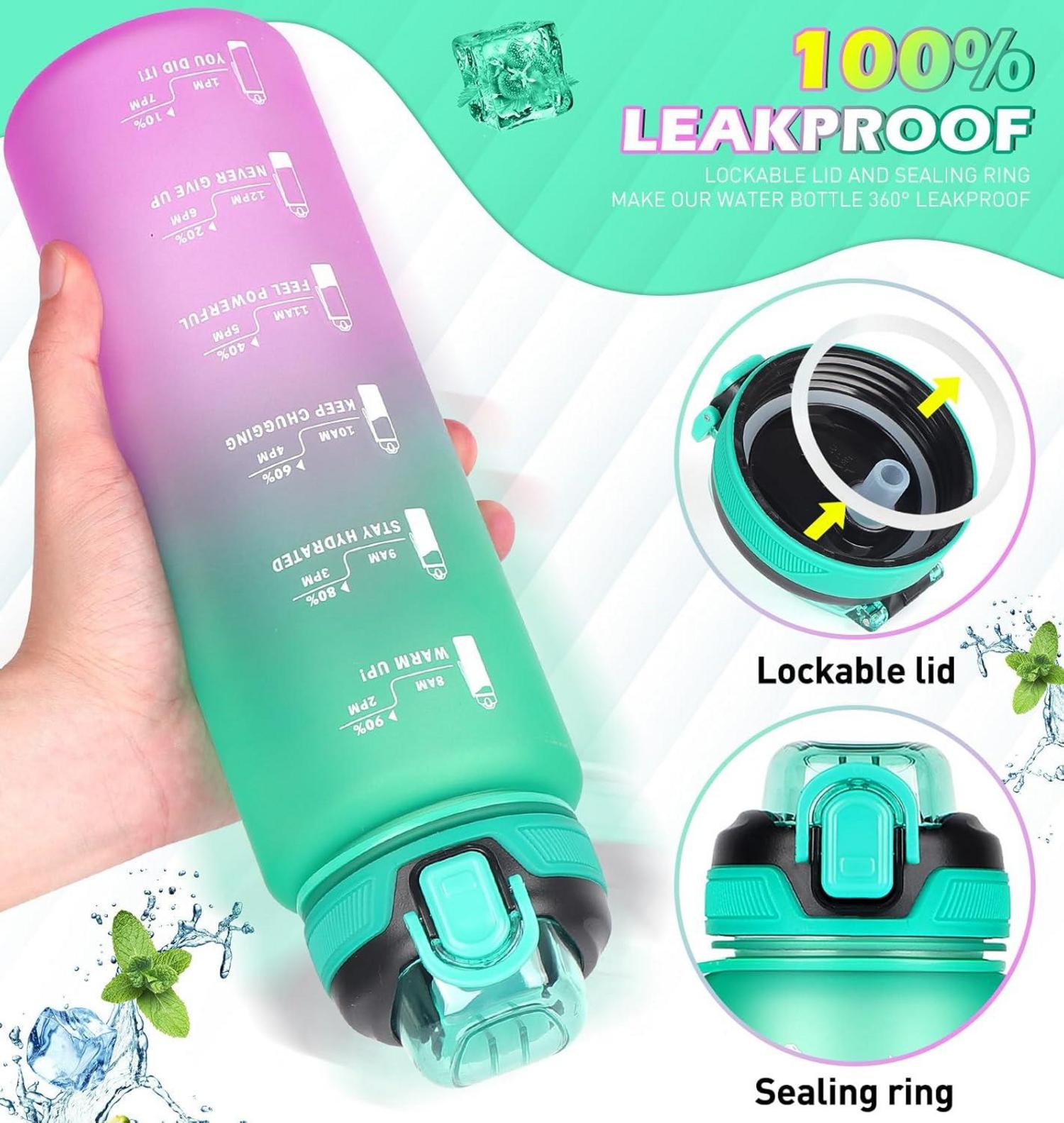 Sportliche 1l Trinkflasche mit Strohhalm und Zeitmarkierung, Auslaufsicher, BPA-frei, Spülmaschinenfest - Grün Lila