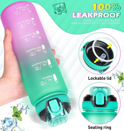 Sportliche 1l Trinkflasche mit Strohhalm und Zeitmarkierung, Auslaufsicher, BPA-frei, Spülmaschinenfest - Grün Lila