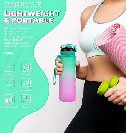 Sport Trinkflasche 1l mit Strohhalm Zeitmarkierung Spülmaschinenfest Grün