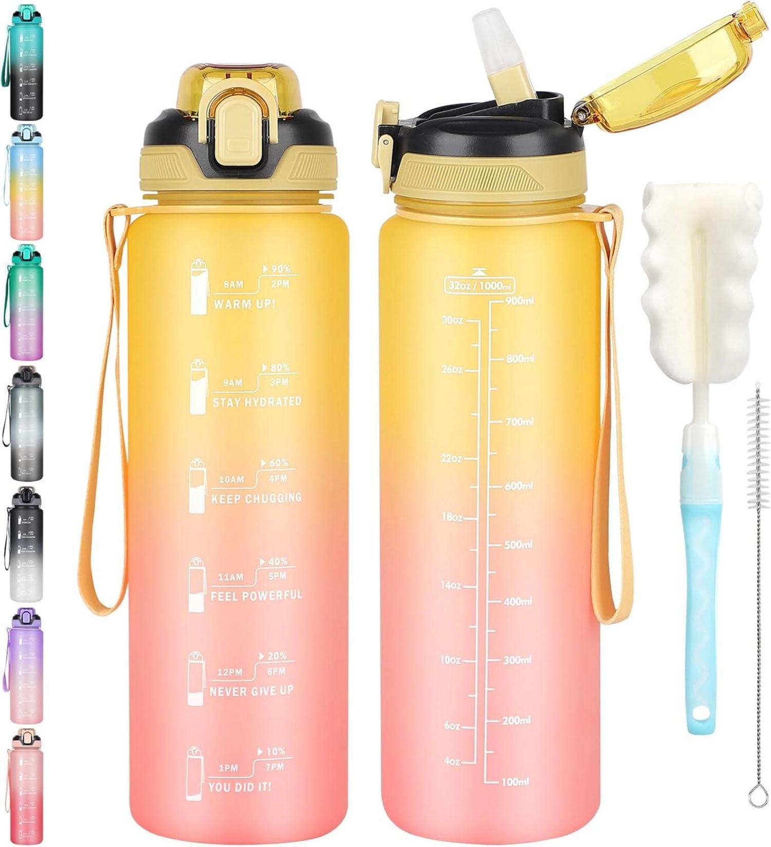 Sport Trinkflasche 1l mit Strohhalm und Zeitmarkierung