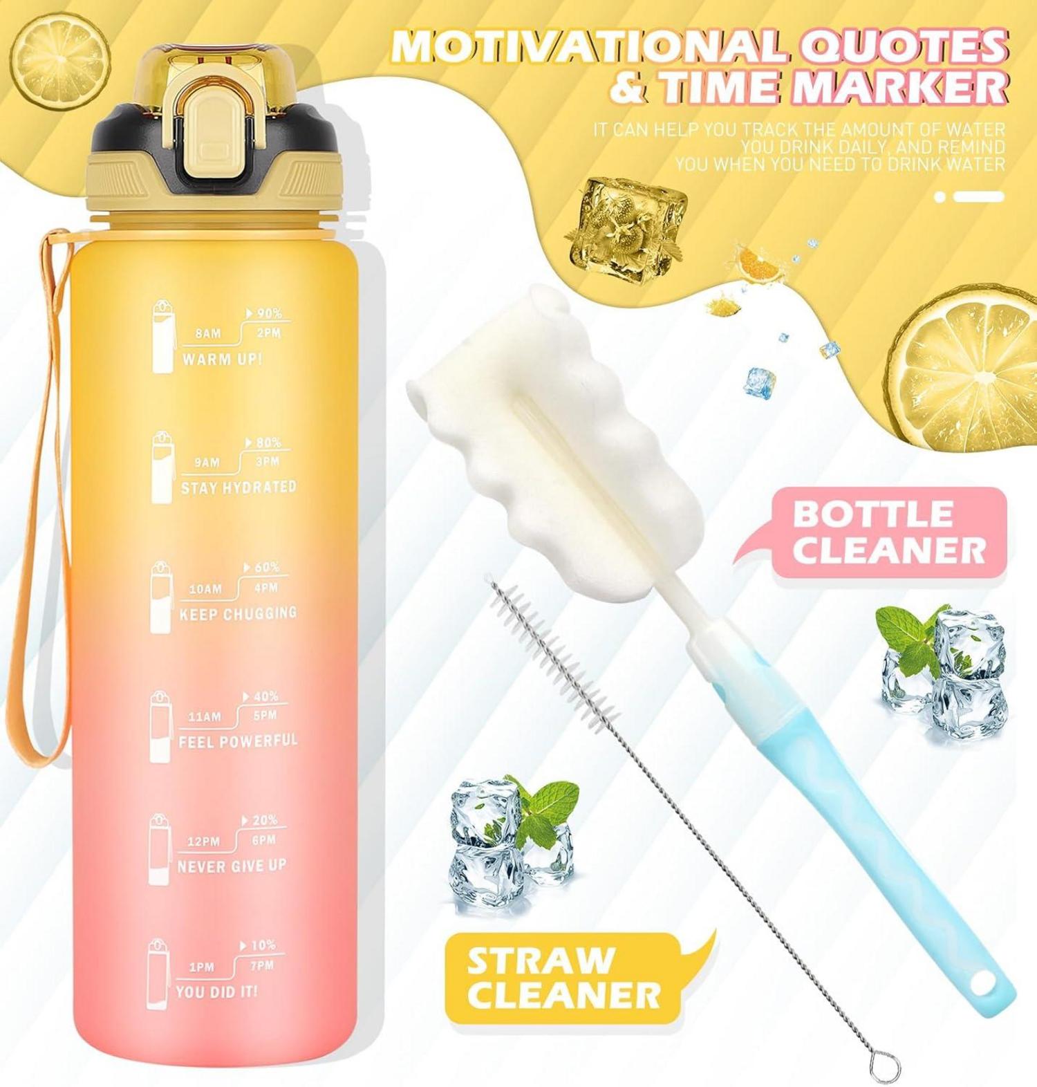 CodiCile Trinkflasche 1l mit Strohhalm Zeitmarkierung Gelb