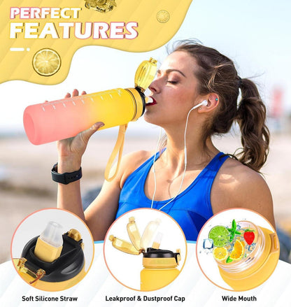 Sport Trinkflasche 1l mit Strohhalm und Zeitmarkierung