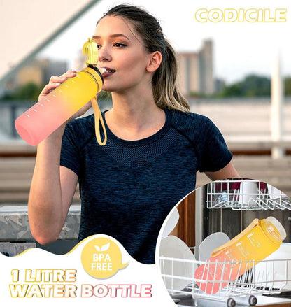 Trinkflasche 1l mit Strohhalm und Zeitmarkierung Gelb Rosa