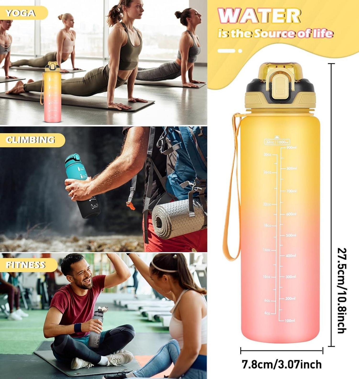 Sport Trinkflasche 1l mit Zeitmarkierung, Strohhalm, Spülmaschinenfest