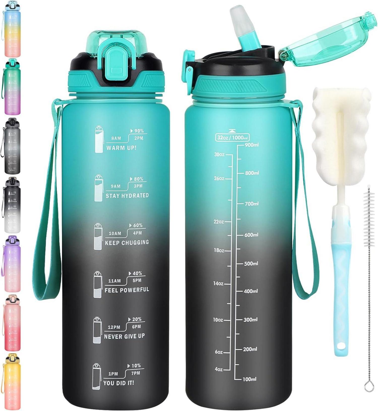 Sport Trinkflasche 1l mit Strohhalm und Zeitmarkierung