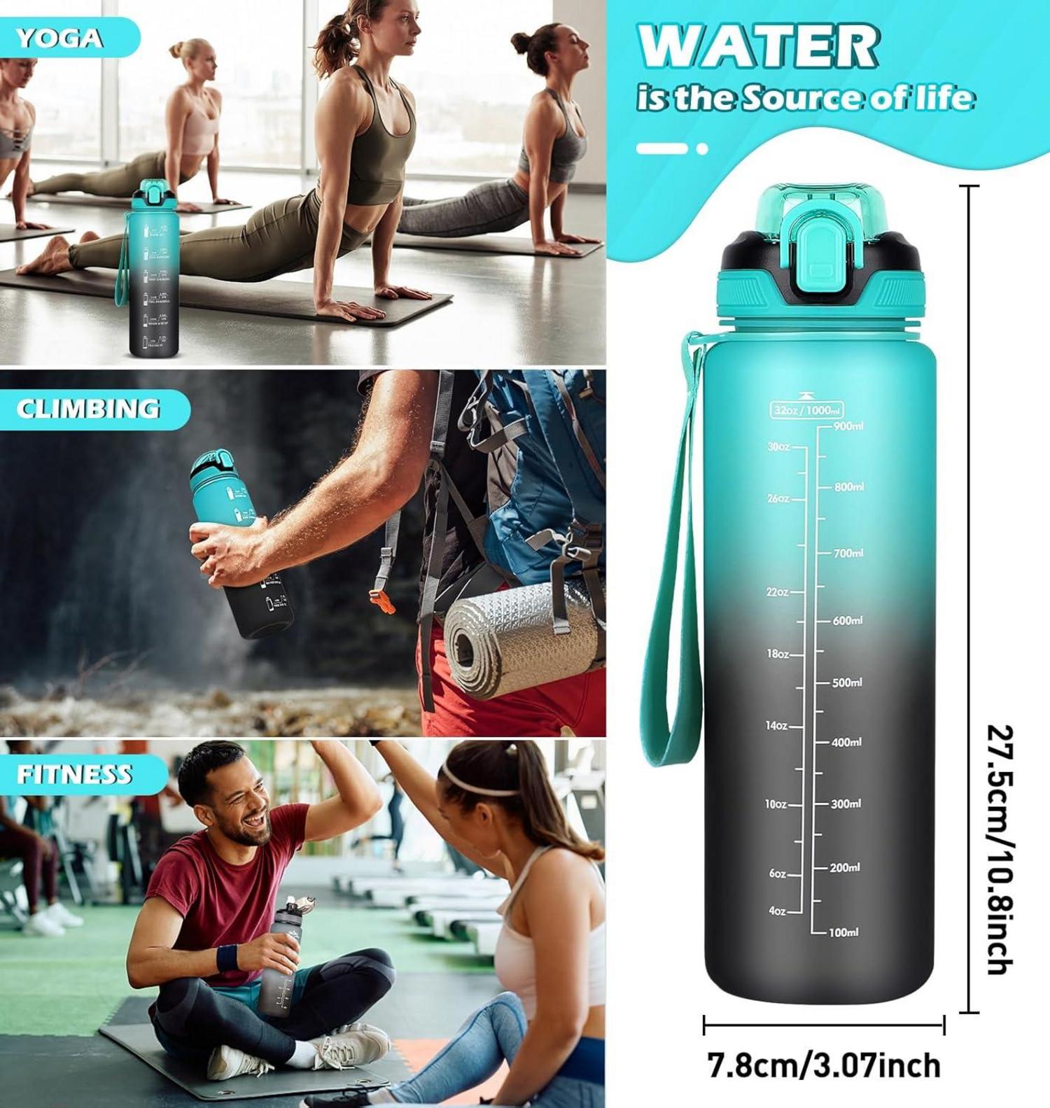 Trinkflasche 1L mit Strohhalm Auslaufsicher Zeitmarkierung sportliche