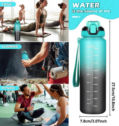 Trinkflasche 1L mit Strohhalm Auslaufsicher Zeitmarkierung sportliche